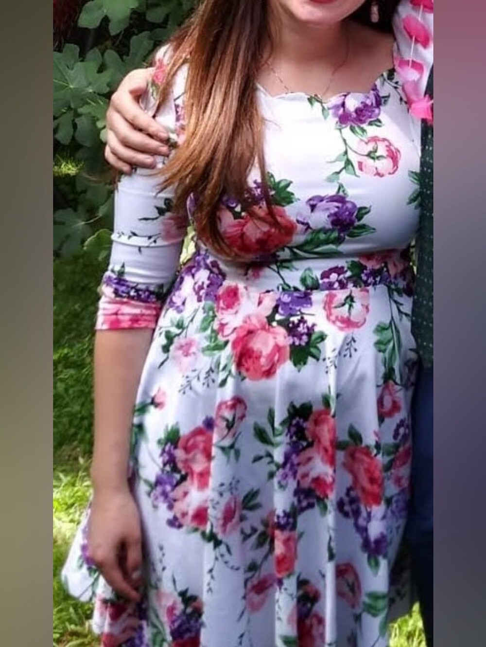 Floral Fit-and-Flare Dress in White with Pink & Purple Blooms